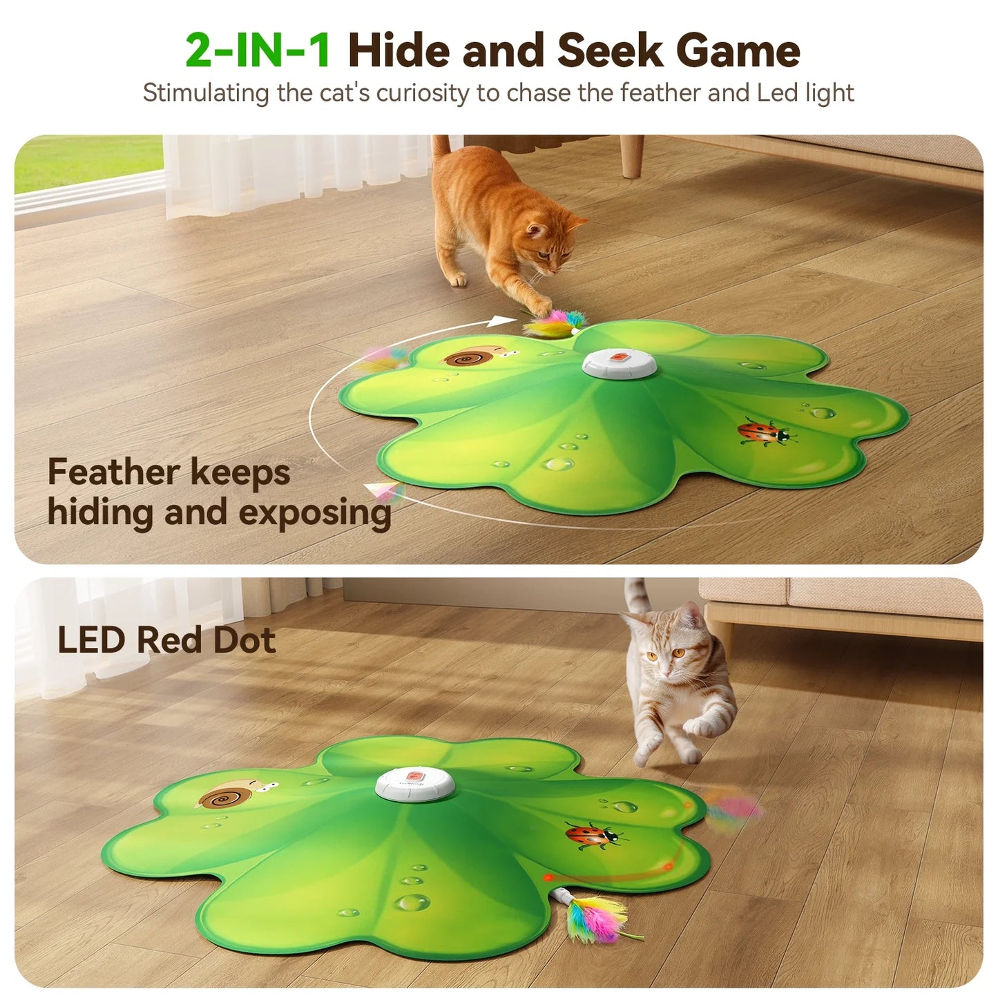 2 in 1 Interactive Cat Toys for Indoor Cats, Automatic Rechargeable Hide and Seek Cat Toy with Moving Concealed Feathers and Red Dot for Cats and Kittens Self Playing